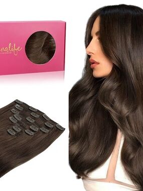 14” Chocolate Brown Human Hair Clip-in Extensions 7 pcs